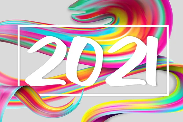 Bonne année 2021. Fluide ondulé de vacances lignes multicolores et lettrage sur fond blanc, flyer horizontal — Photo