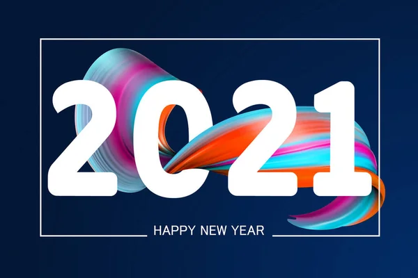 С Новым 2021 годом. Праздничные волнистые жидкости разноцветные линии и буквы на синем фоне, горизонтальная листовка — стоковое фото