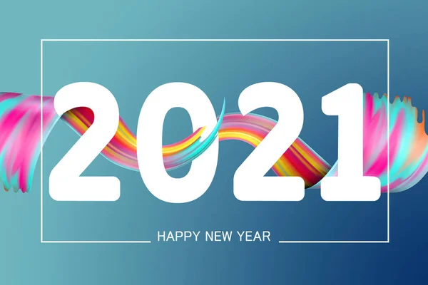 La mulţi ani 2021. Linii multicolore fluide de vacanță și litere pe fundal albastru, flyer orizontal — Fotografie, imagine de stoc