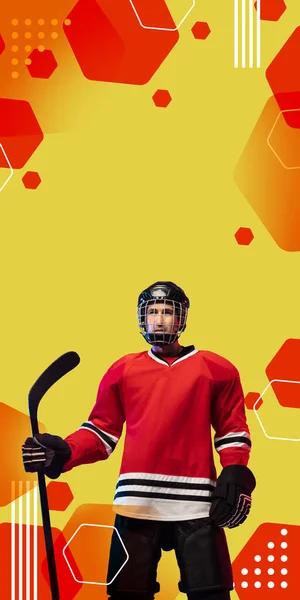 Hockeyspieler mit Stock auf orange-rotem geometrischem Hintergrund, vertikaler Flyer. — Stockfoto