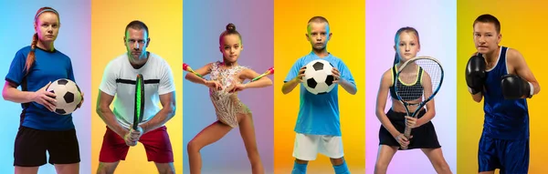Collage di giovani sportivi professionisti in luce al neon in azione e movimento, verticale — Foto Stock