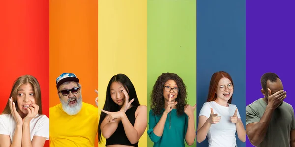 Colagem de retratos de multiétnicos, faixa etária mista de pessoas formando uma bandeira de orgulho — Fotografia de Stock