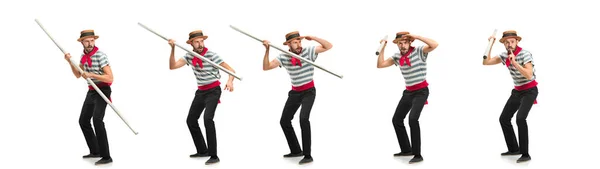 Handsome man gondolier with oar posing isolated over white studio background. Collage — Stock Photo, Image