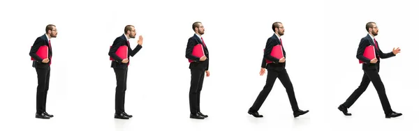 Przystojny biznesmen z czerwonym folderem w ruchu odizolowany na białym tle studia. Kolaż — Zdjęcie stockowe