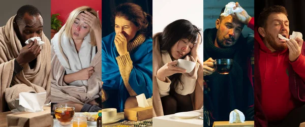 Unga människor insvepta i en rutig ser sjuka, sjuka, nysningar och hosta sitter hemma — Stockfoto