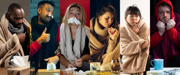 Mladí lidé zabalení v kostkované vypadá nemocný, nemocný, kýchání a kašel sedí doma — Stock fotografie