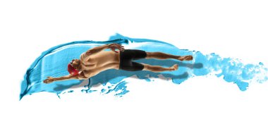 Boyalı fırça darbesi ve suluboya ile hareket eden profesyonel beyaz yüzücü. Hareketin ve hareketin zerafeti. Sanat eserleri.