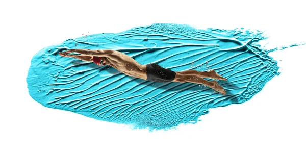 Professionele blanke zwemmer bewegen in verf penseelstreek, aquarel. Gratie van beweging en actie. Kunstwerk. — Stockfoto