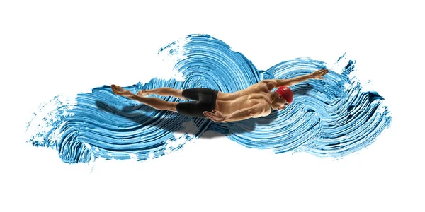 Profesjonalny biały pływak poruszający się w pociągnięciu pędzlem, akwarela. Łaska ruchu i działania. Prace artystyczne. — Zdjęcie stockowe