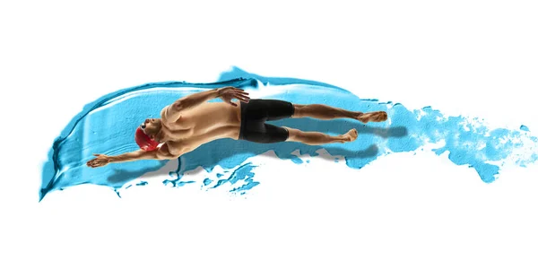 Nuotatore caucasico professionista che si muove in pennellata, acquerello. Grazia del movimento e dell'azione. Opera d'arte. — Foto Stock