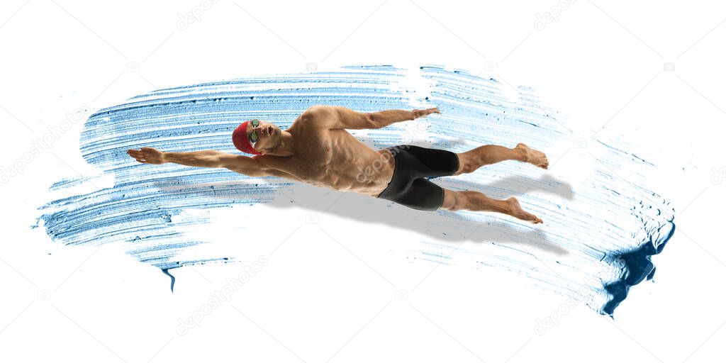 Professional caucasian swimmer moving in paint brushstroke, watercolor. Grace of motion and action. Artwork.