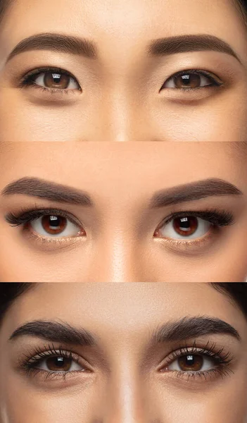 Acercamiento de rostros de mujeres jóvenes, enfoque en los ojos. collage vertical —  Fotos de Stock