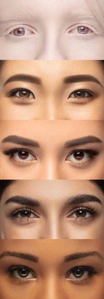 Close-up de rostos de mulheres jovens, foco em olhos. Colagem vertical — Fotografia de Stock