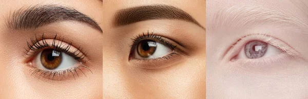 Close-up de rostos de mulheres jovens, foco em olhos. Conceito de beleza, cosmetologia e cuidados com a pele. Folheto para design — Fotografia de Stock