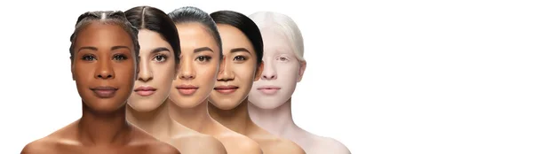 Multi-etnische schoonheid. Verschillende etniciteit en mooie vrouwen geïsoleerd op witte achtergrond — Stockfoto