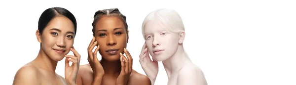 Πολυεθνική ομορφιά. Διαφορετική εθνικότητα και όμορφες γυναίκες απομονωμένες σε λευκό φόντο — Φωτογραφία Αρχείου