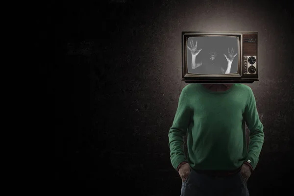 Contemporary art collage. Male body with TV set instead head isolated on black background. Creativity, brain concept . — Stock Photo, Image