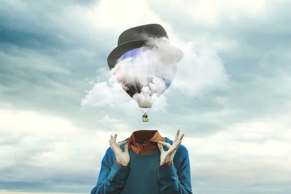 Samtida konstcollage. Manlig kropp av modell med huvudet fullt av rök om himmel och moln. — Stockfoto
