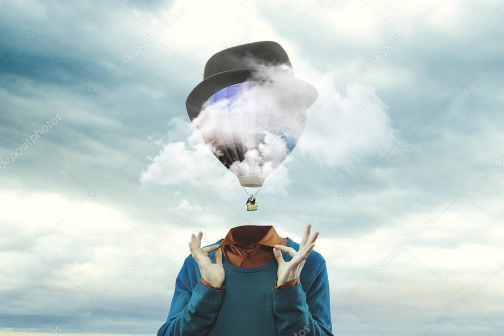 Contemporary art collage. Male body of model with head full of smoke about sky and clouds.