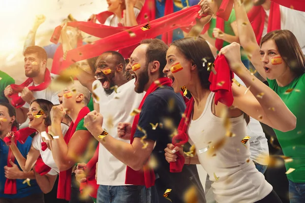 Group of happy fans are cheering for their team victory. Collage made of 8 models. — Stock Photo, Image