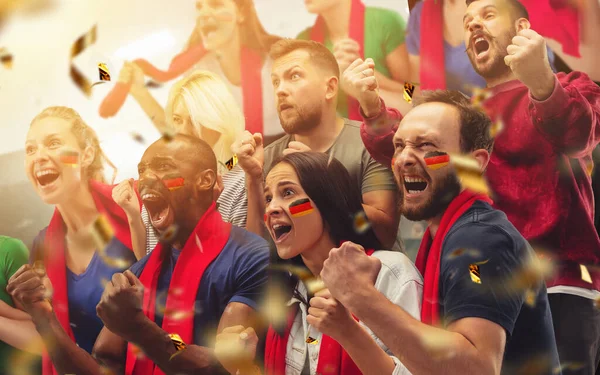 Group of happy fans are cheering for their team victory. Collage made of 9 models. — Stock Photo, Image