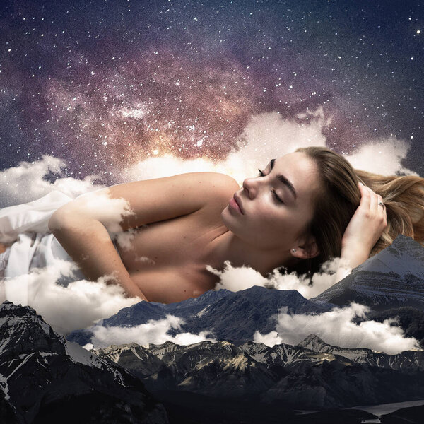 Beautiful young naked woman lying down in mountains, covered with clouds. Futuristic synthwave style, model on glitch wave, vapowave background. Electrowave design, art nude naked and beauty.