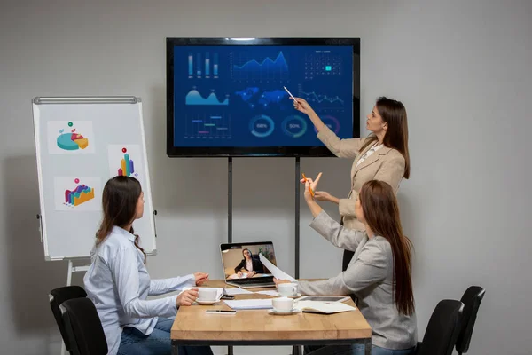 Mujeres jóvenes hablando, trabajando durante la videoconferencia con colegas en la oficina o sala de estar —  Fotos de Stock