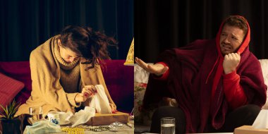 Hasta kadın kolajı. Hasta ve sağlıklı adam paniğe kapılıp virüsten kaçıyor.