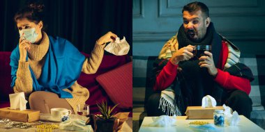 Hasta ve sağlıklı bir kadının paniğe kapılıp virüsten kaçtığı kolajı.