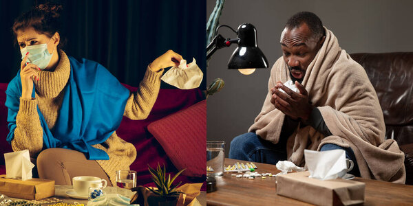 Collage of ill man feeling sick and healthy woman avoiding virus spreading with panic