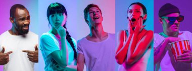 Neon ışıkta çok renkli arka planda genç insanların portrelerinin kolajı