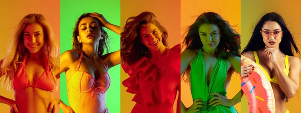 Colagem de retratos de meninas sobre fundo multicolorido em luz de néon — Fotografia de Stock