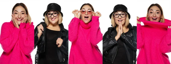 Collage of portraits of young girl on multicolored studio background — Stock Photo, Image