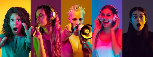 Collage di ritratti di giovani ragazze su sfondo multicolore in luce al neon — Foto Stock