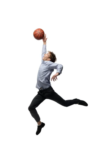 Happy young man dancing in casual clothes or suit, remaking legendary moves of celebrity from culture history — Stock Photo, Image