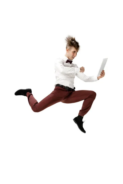 Happy young man dancing in casual clothes or suit, remaking legendary moves of celebrity from culture history — Stock Photo, Image