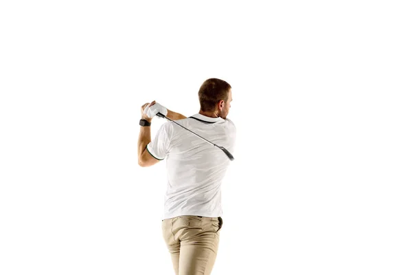 Jugador de golf en una camisa blanca tomando un columpio aislado sobre fondo blanco del estudio — Foto de Stock
