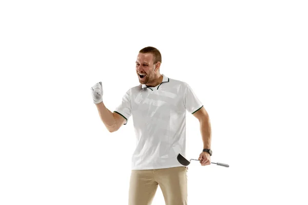 Golf player in a white shirt practicing, playing isolated on white studio background — ストック写真