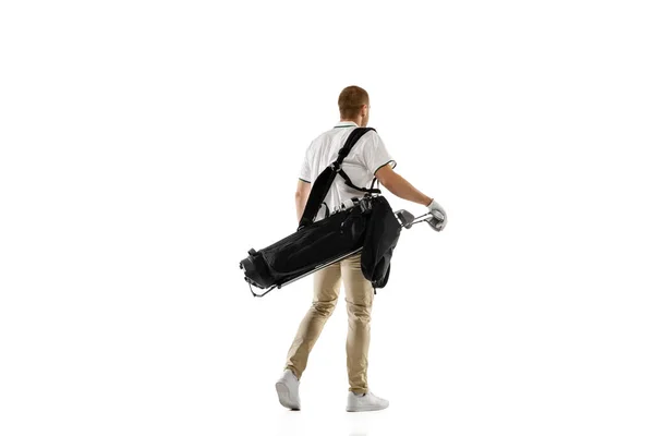 Golf player in a white shirt practicing, playing isolated on white studio background — Φωτογραφία Αρχείου