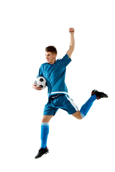 Funny emotions of professional soccer player isolated on white studio background, excitement in game — Stock Photo, Image