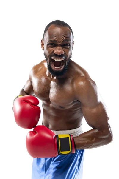 Emoções brilhantes de boxeador profissional isolado no fundo do estúdio branco, emoção no jogo — Fotografia de Stock