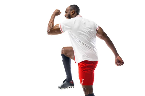 Emociones divertidas del fútbol profesional, jugador de fútbol aislado en el fondo blanco del estudio, emoción en el juego — Foto de Stock