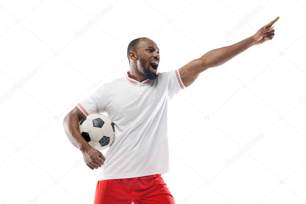 Funny emotions of professional football, soccer player isolated on white studio background, excitement in game