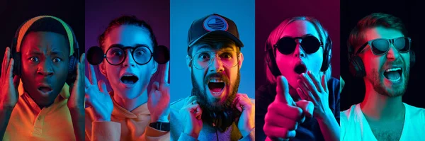 Collage av porträtt av unga känslomässiga människor på flerfärgad bakgrund i neon. Begreppet mänskliga känslor, ansiktsuttryck, försäljning. — Stockfoto