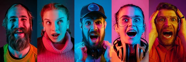 Collage de retratos de jóvenes emocionales sobre fondo multicolor en neón. Concepto de emociones humanas, expresión facial, ventas. — Foto de Stock