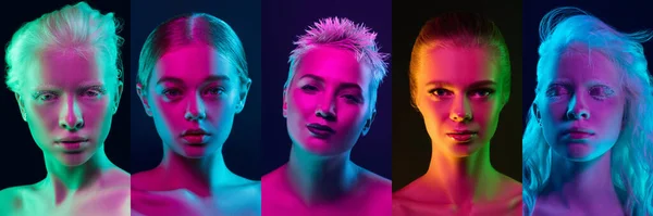 Collage von Porträts junger hübscher Mädchen auf dunklem Hintergrund in Neon. Konzept menschlicher Emotionen, Mimik, Verkauf. — Stockfoto