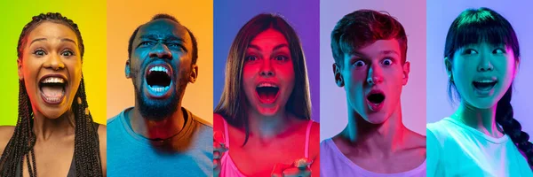 Collage of portraits of young emotional people on multicolored background in neon. Concept of human emotions, facial expression, sales. — Stock Photo, Image