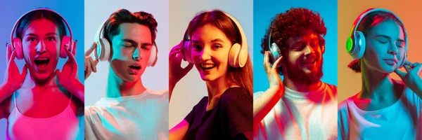 Collage av porträtt av unga känslomässiga människor på flerfärgad bakgrund i neon. Begreppet mänskliga känslor, ansiktsuttryck, försäljning. — Stockfoto
