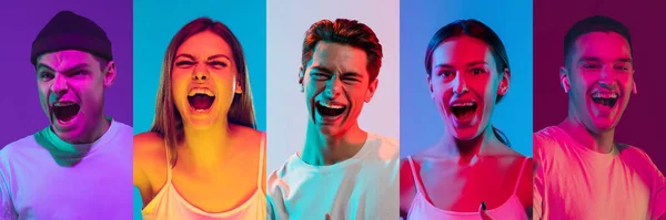 Koláž portrétů mladých emocionálních lidí na pestrobarevném pozadí v neonu. Pojem lidské emoce, výraz obličeje, prodej. — Stock fotografie