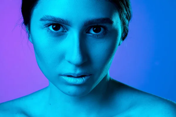 Schöne Ost-Frauenporträt isoliert auf Gradienten Studio Hintergrund in Neonlicht, monochrom — Stockfoto
